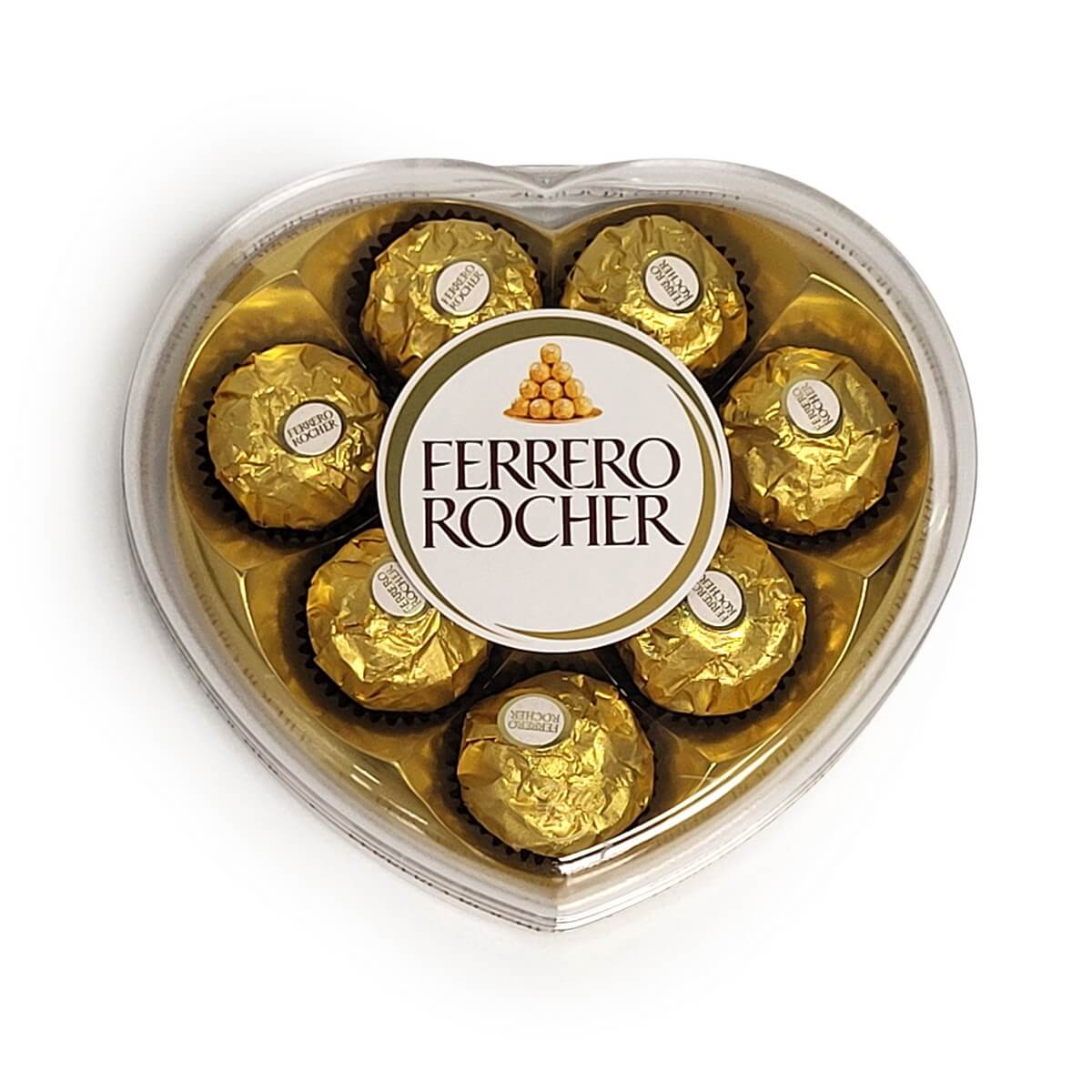 Heart-shaped clear box containing Ferrero Rocher hazelnut chocolates individually wrapped in gold foil | 心形透明禮盒盛載Ferrero Rocher金箔包榛子朱古力,每粒獨立包裝。