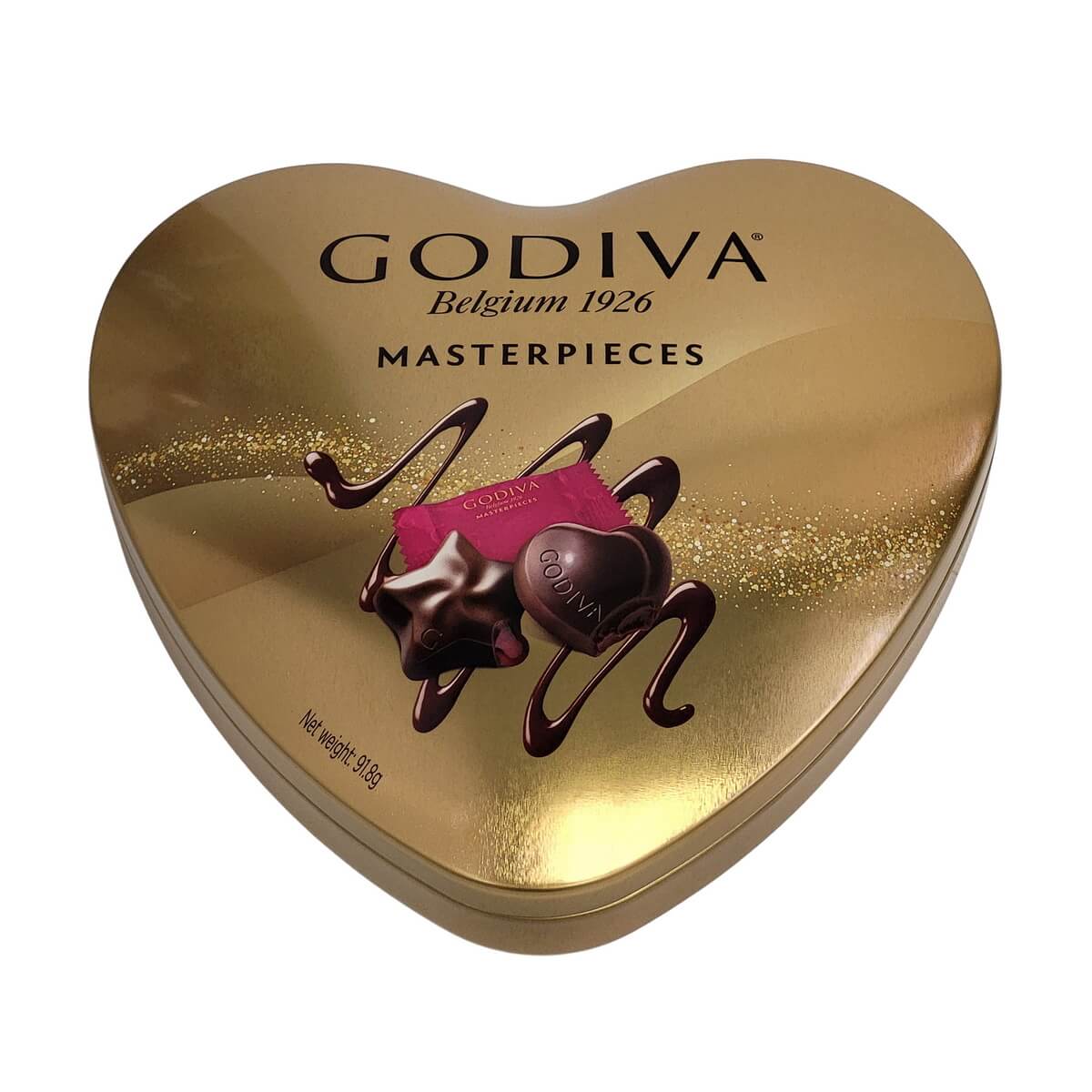 Gold heart-shaped Godiva Masterpieces chocolate tin with smooth metallic finish and illustrated chocolate pieces on the lid - 金色心形Godiva Masterpieces朱古力禮盒,金屬質感盒身及朱古力圖案