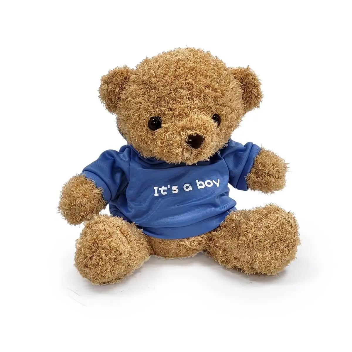 Soft brown teddy bear dressed in a royal blue shirt featuring white "It's a boy" wording | 啡色毛絨熊穿寶藍色T恤,白字印有 "It's a boy",造型討喜吸睛。