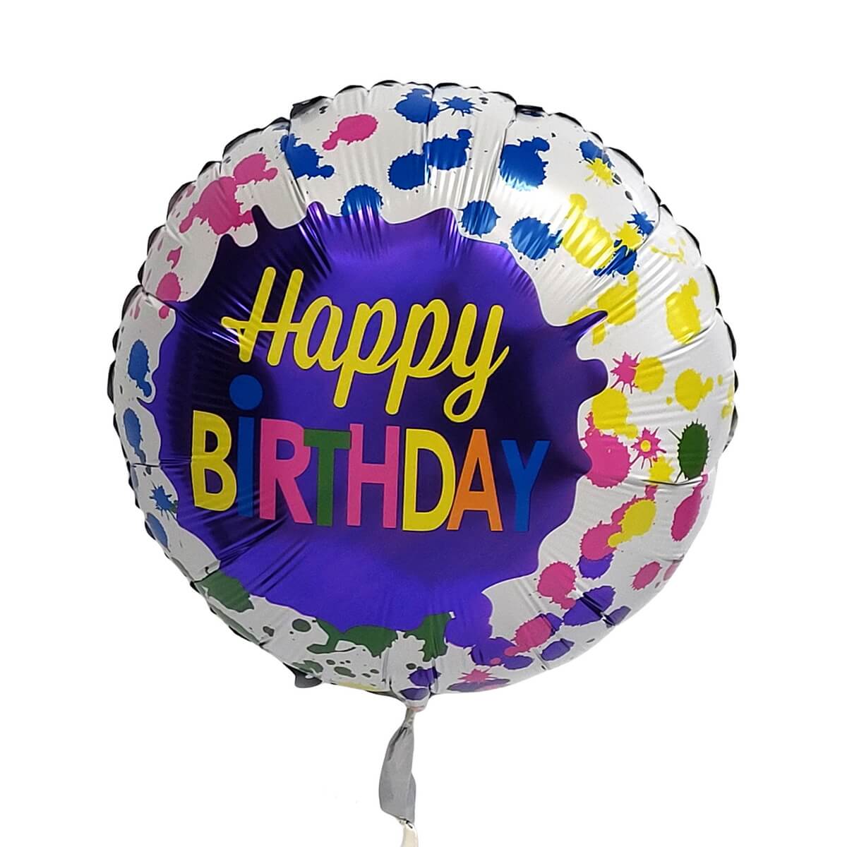 Colorful ‘Happy Birthday’ foil balloon with purple center and multicolour paint splatter pattern 紫色中心配多色潑墨圖案的生日鋁膜氣球