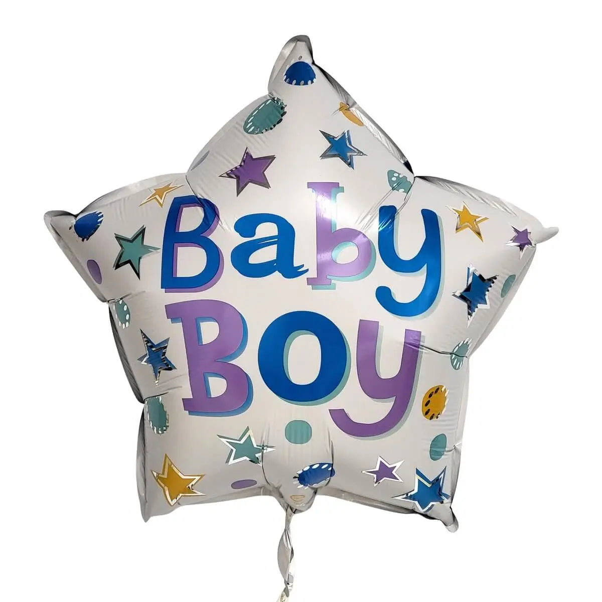 Foil balloon in silver star shape featuring bold "Baby Boy" text in blue and purple, surrounded by assorted colorful stars | 銀白星形鋁膜氣球,藍紫色 "Baby Boy" 字樣,配以多色星星裝飾圖案。