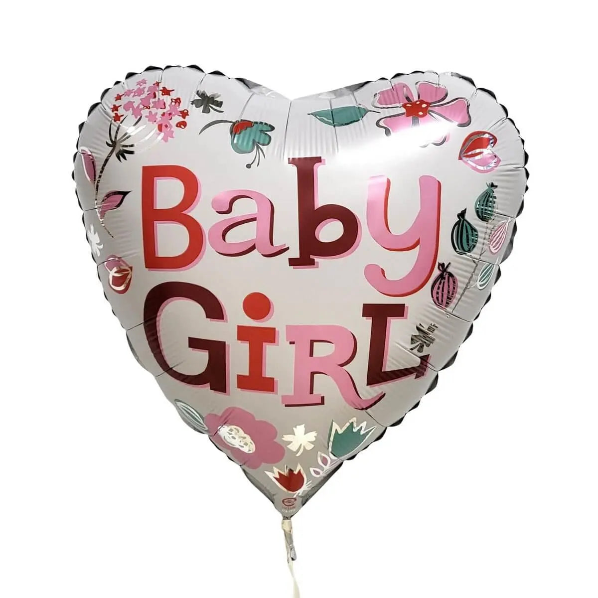 Silver heart-shaped foil balloon featuring "Baby Girl" in red and pink with floral patterns | 銀色心形鋁膜氣球印有粉紅及紅色 "Baby Girl" 字樣,配以可愛花卉圖案裝飾。