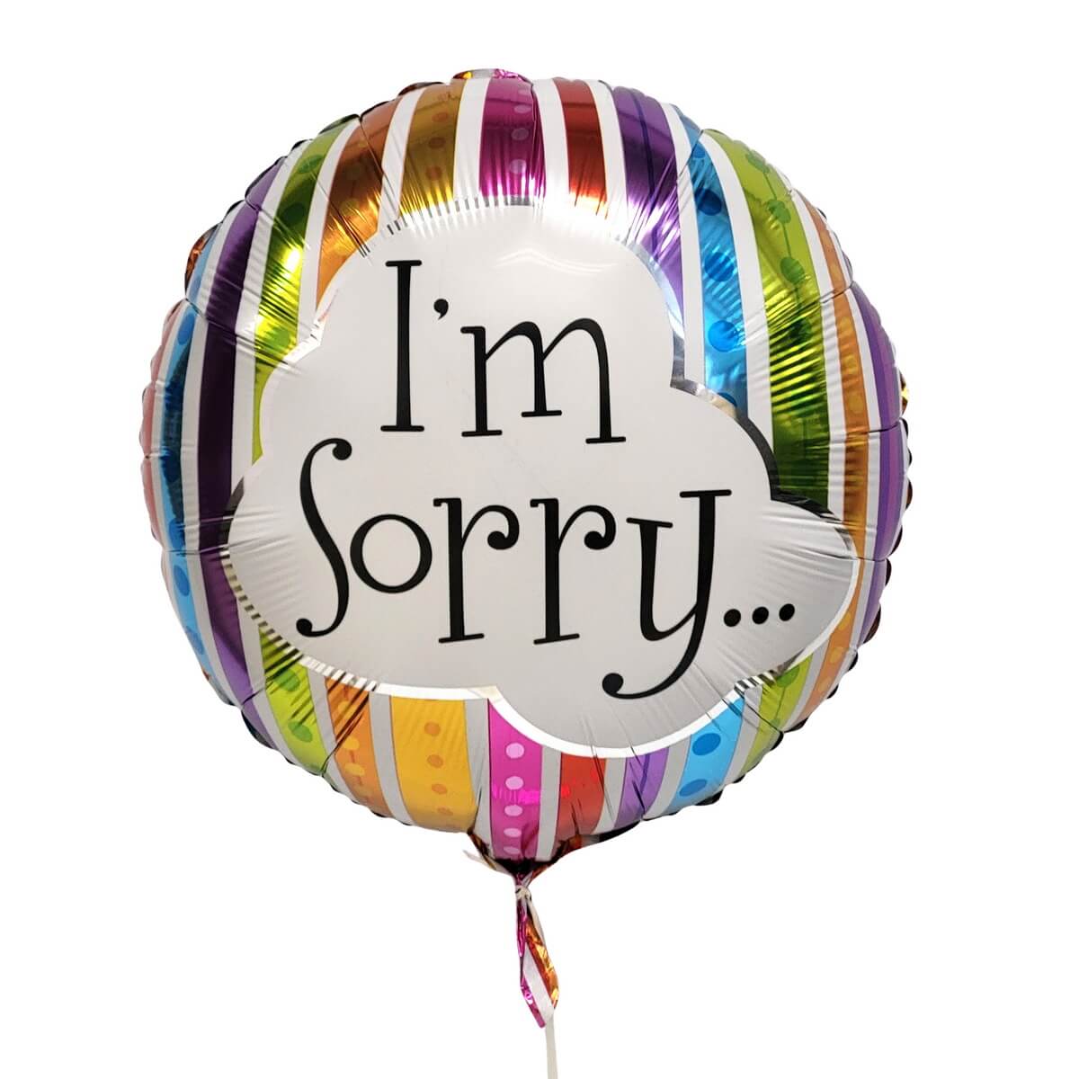 Foil balloon with “I’m Sorry...” in cloud shape over rainbow metallic stripes. 鋁膜氣球展示 “I’m Sorry...” 字樣,雲形設計配彩虹金屬條紋背景。