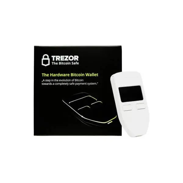 Trezor Bitcoin hardware wallet in white, featuring a screen and two control buttons, positioned next to its branded black packaging | Trezor 比特幣硬件錢包,白色機身配螢幕及兩個按鍵,置於品牌黑色包裝盒旁
