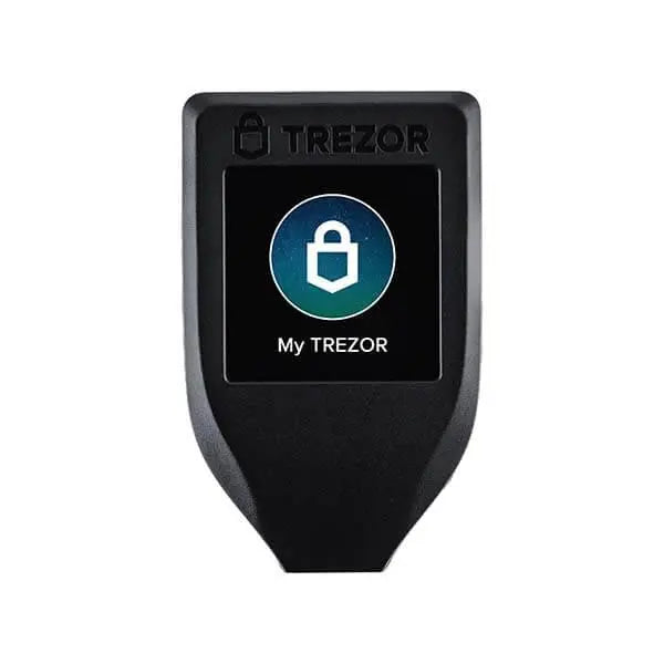 Trezor black hardware wallet for cryptocurrencies with a color screen displaying a lock icon and "My Trezor" interface | Trezor 黑色加密貨幣硬件錢包,彩色螢幕顯示鎖頭圖案與「My Trezor」操作介面