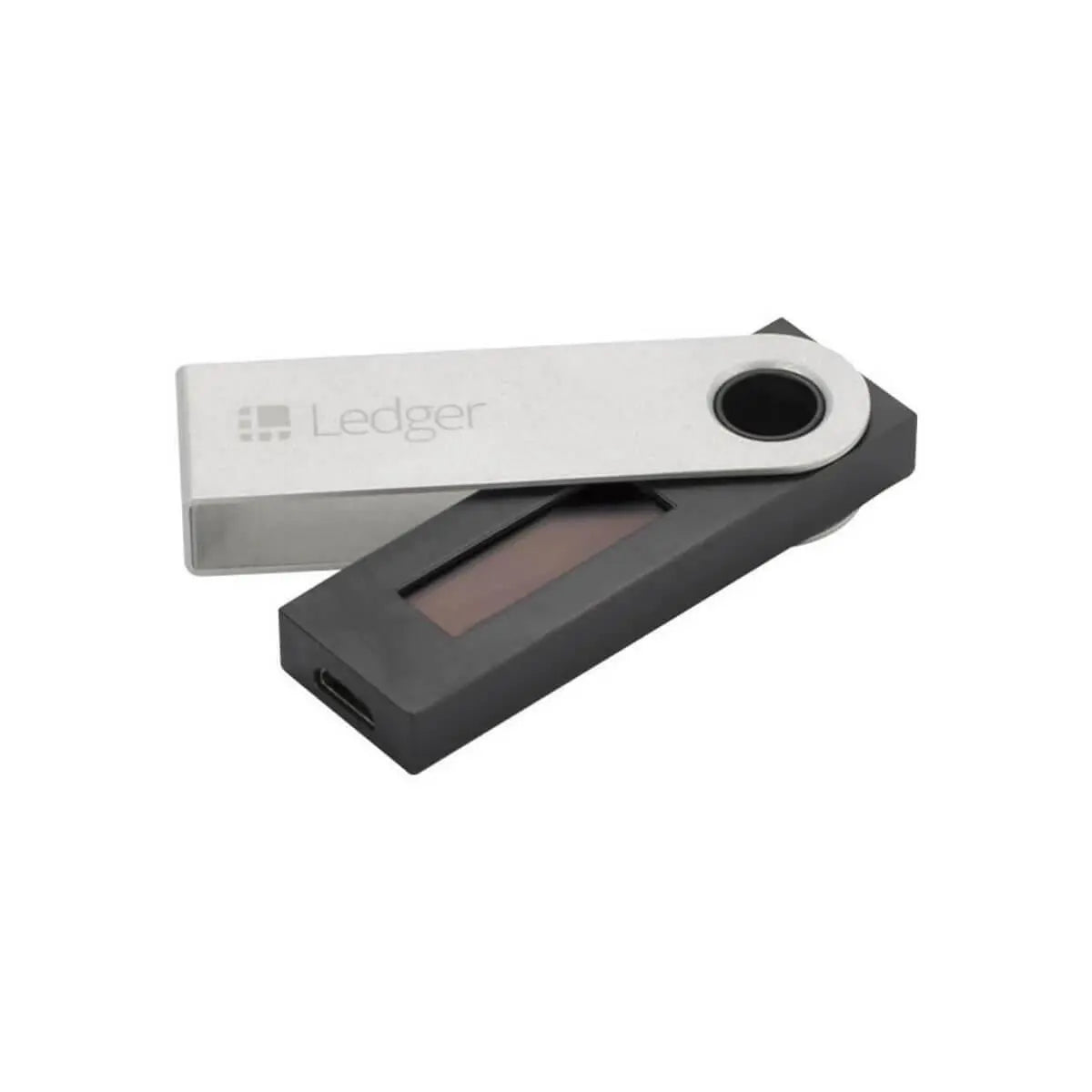 Ledger Nano S crypto hardware wallet with metal swivel cap, USB port, and compact screen for secure digital asset storage | Ledger Nano S 加密貨幣硬件錢包配金屬旋轉蓋、USB 插口及小螢幕