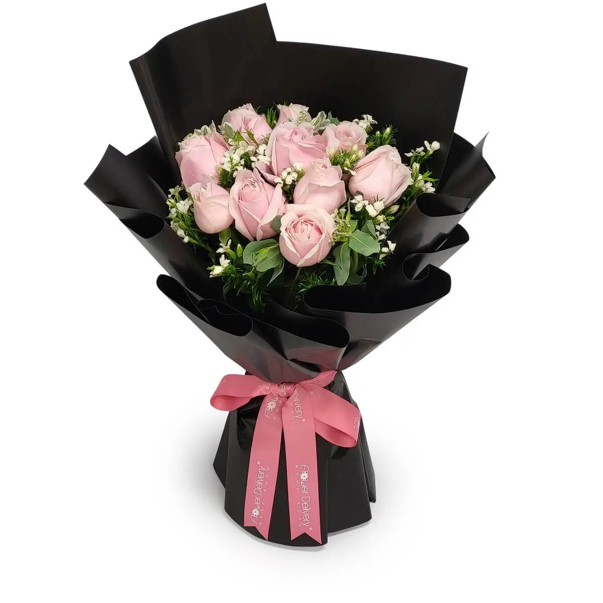 Elegant bouquet of soft pink roses, white filler flowers, and fresh greenery, wrapped in glossy black paper and finished with a satin pink ribbon | 淡粉玫瑰搭配白色小花與清新綠葉,包裹於亮黑色包裝紙中,配絲質粉紅絲帶。