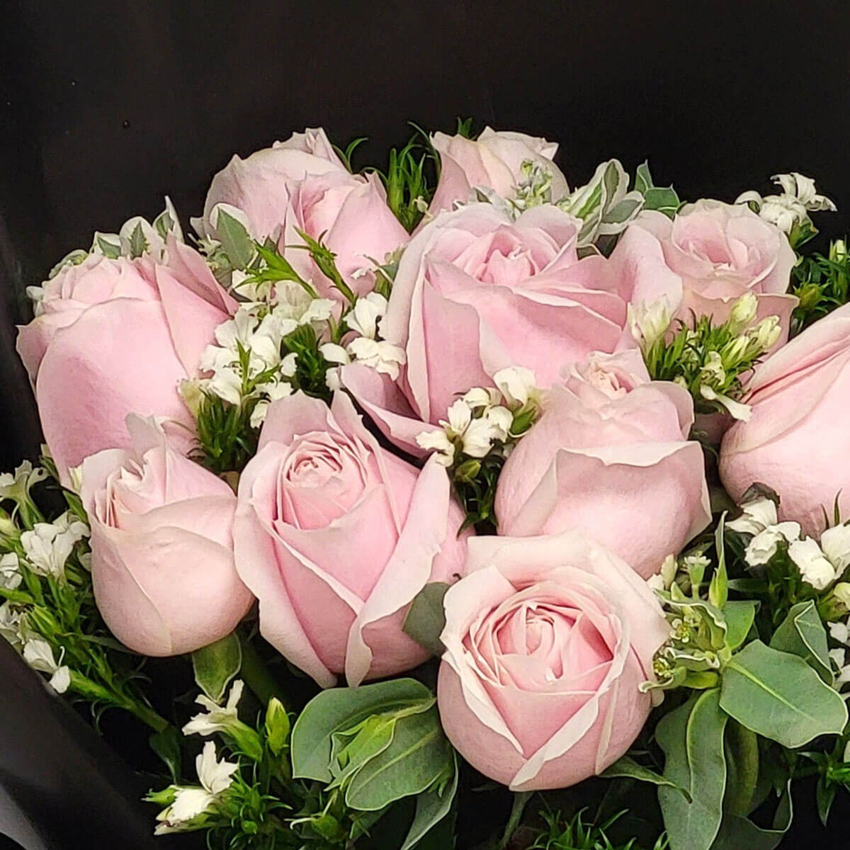A charming bouquet of blush pink roses and petite white blossoms nestled in greenery 粉嫩玫瑰與小白花交織,綠葉點綴,展現柔美與優雅。