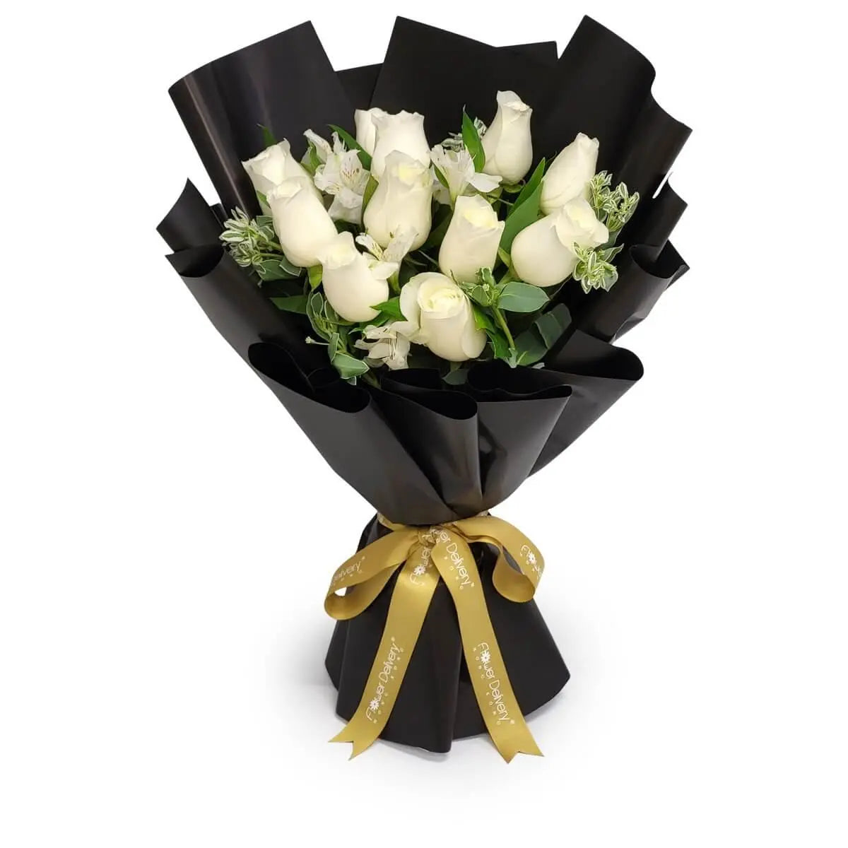 Elegant bouquet of white roses and white alstroemeria with fresh greenery, wrapped in glossy black paper and finished with a satin gold ribbon | 白玫瑰與白六出花點綴綠葉,配以亮黑包裝紙,綁上金色絲帶