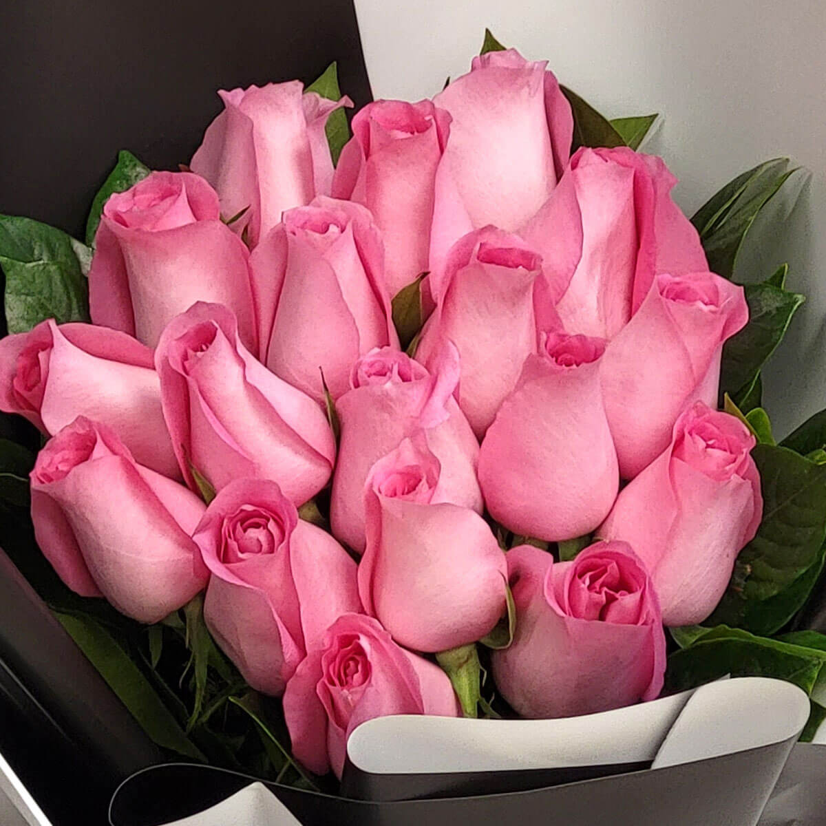 Delicate pink rose bouquet nestled in lush green foliage, stylishly wrapped in contrasting black and white paper – 粉紅玫瑰與翠綠葉交織成束,黑白撞色紙優雅包裝