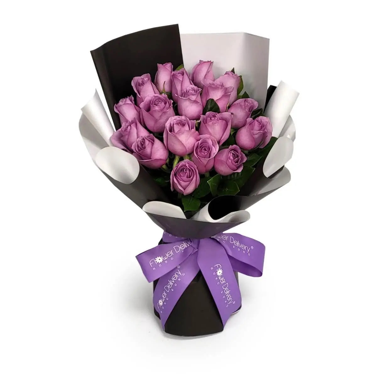 Elegant bouquet of lavender roses with fresh green foliage, arranged in sleek black and white wrapping and tied with a lavender satin ribbon | 薰衣草紫玫瑰配清新綠葉,包裹於黑白對比包裝紙中,以絲質紫色絲帶收束,典雅別緻。