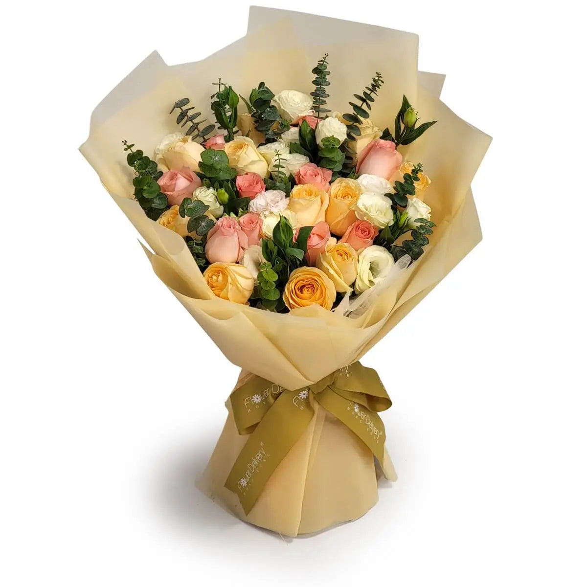 Arrangement of champagne, ivory, blush pink, and yellow roses with sprigs of eucalyptus, wrapped in sheer pale yellow paper | 桃色、米白、粉紅及香檳色玫瑰混搭尤加利枝葉,襯以淡黃色透明包裝紙