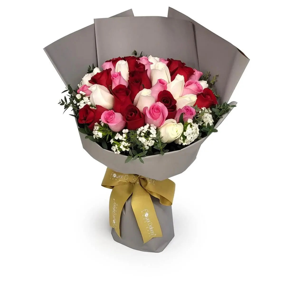 Hand-tied bouquet of red, white, and pink roses with baby’s breath-style fillers and greens, wrapped in grey paper with a gold ribbon | 紅白粉玫瑰花束配白色滿天星及綠葉,灰色紙包裝,綁以金色絲帶,層次分明、色彩柔和