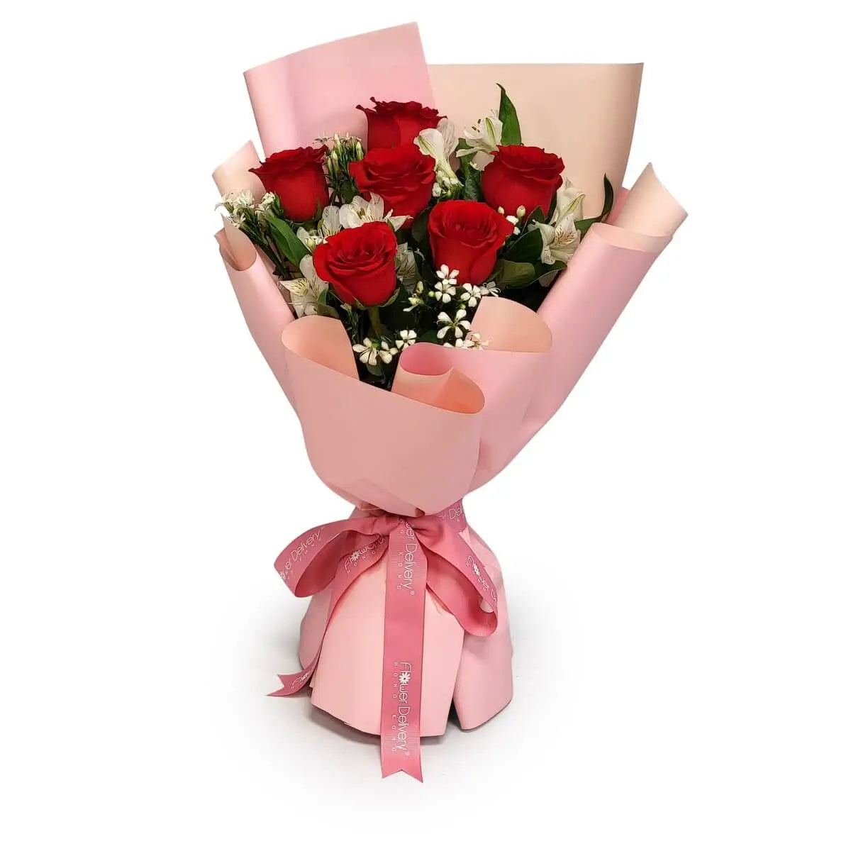 Hand-tied bouquet of red roses and white alstroemeria with lush greenery, wrapped in soft pink paper and finished with a pink ribbon | 紅玫瑰與白六出花搭配茂盛綠葉,粉紅包裝紙及絲帶包裹成手扎花束。