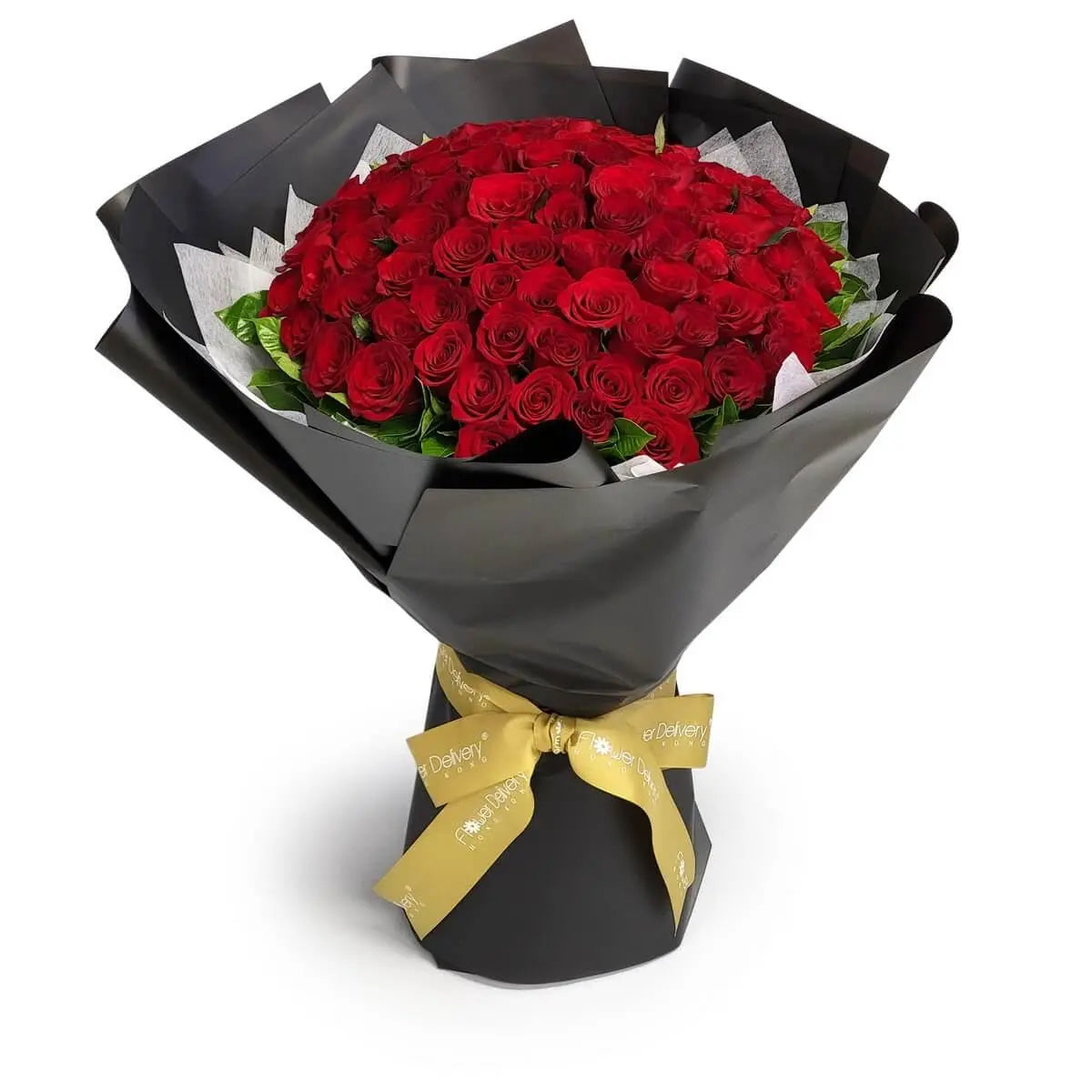 Abundant dome-shaped bouquet of over 100 red roses with lush greenery, wrapped in layered matte black paper, white tissue, and tied with a gold ribbon | 圓頂狀花束由逾百枝紅玫瑰與綠葉組成,層疊黑色包裝紙配白色襯紙及金色絲帶綁紮。