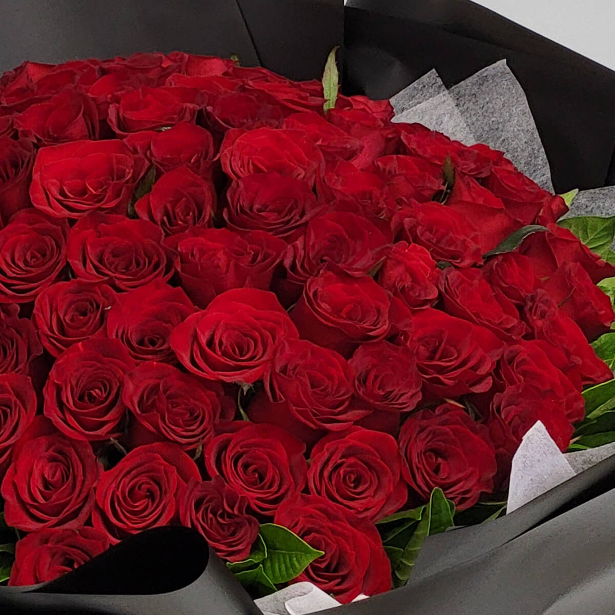 Close-up of densely packed red roses, surrounded by green foliage and wrapped in matte black and white paper - 緊密紅玫瑰特寫,配綠葉及黑白包裝紙