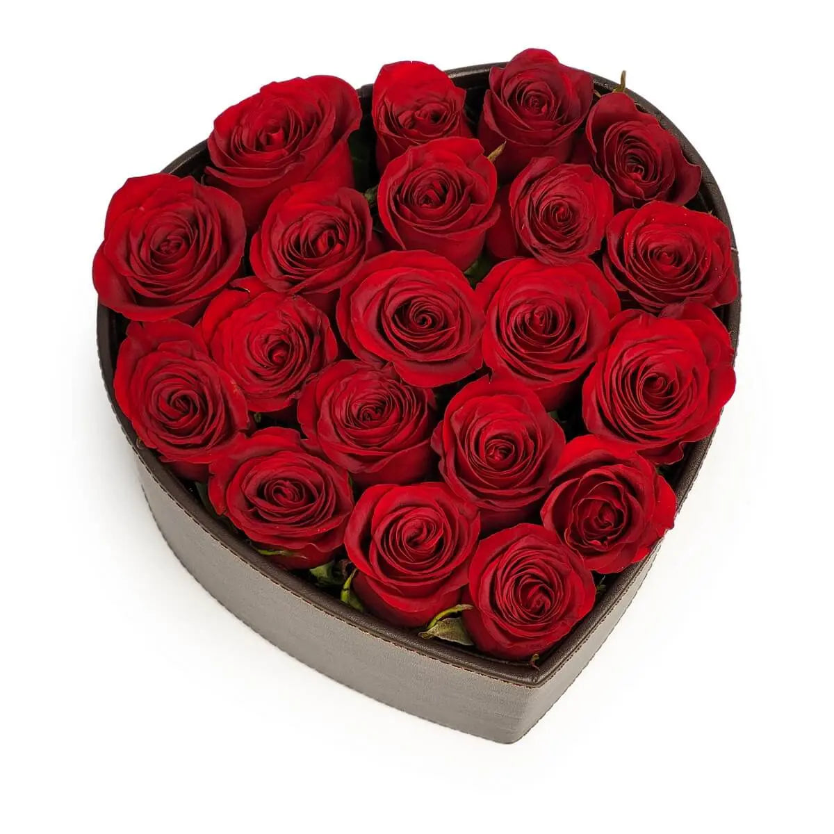 Heart-shaped box featuring lush, fully bloomed red roses arranged edge-to-edge in a compact layout | 心形盒內滿佈盛放紅玫瑰,排列緊密,花瓣層層交疊,綻放濃烈色彩與質感