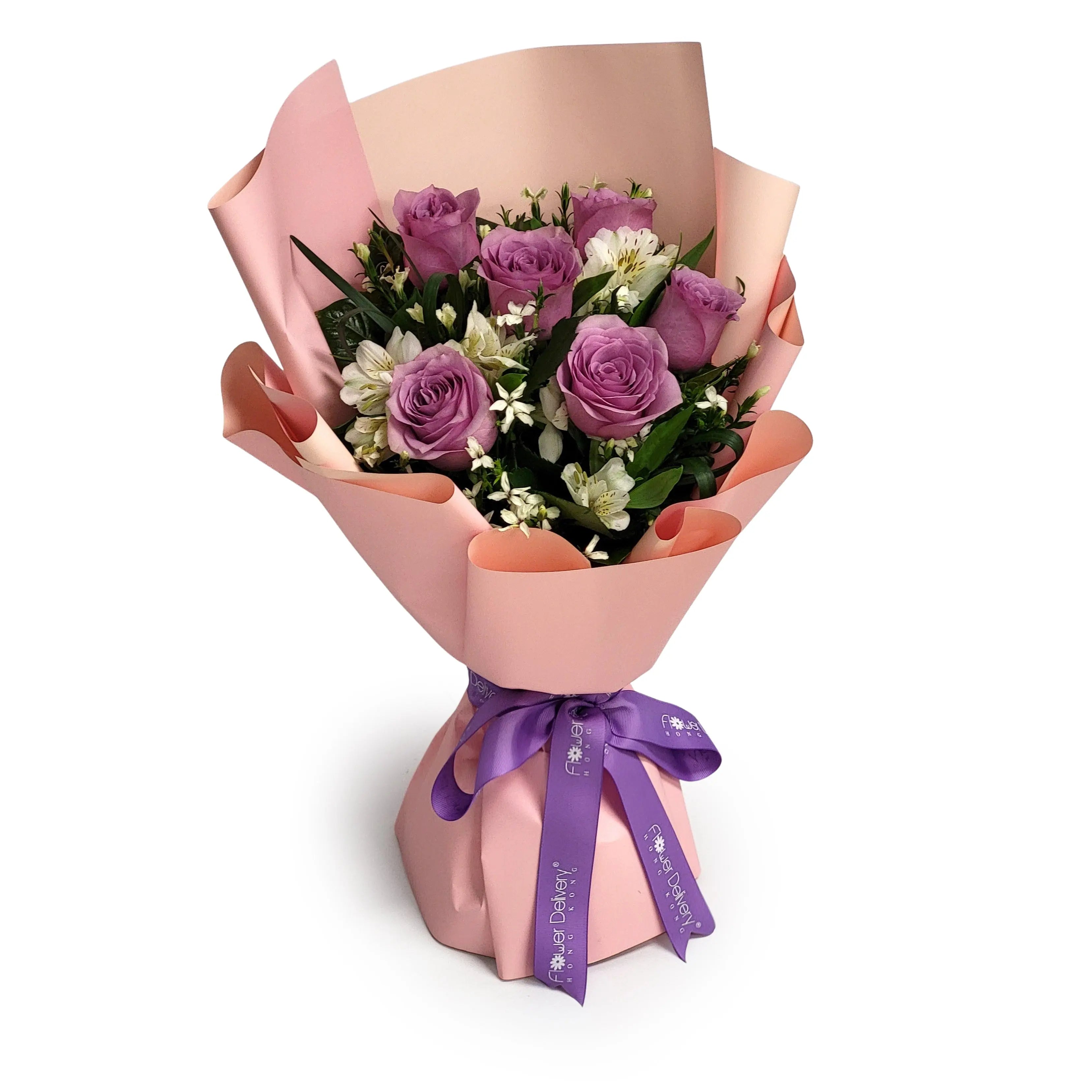 Bouquet of lavender roses with white alstroemeria, wrapped in pink paper and tied with a purple ribbon. 花束由紫玫瑰及白六出花組成,粉紅包裝紙配紫色絲帶,設計優雅。