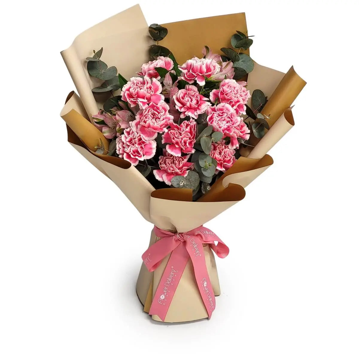 Bi-color pink carnation bouquet accented with eucalyptus, wrapped in beige-toned paper and tied with pink ribbon. 雙色粉紅康乃馨襯尤加利葉,米啡色包裝紙及粉紅絲帶設計。