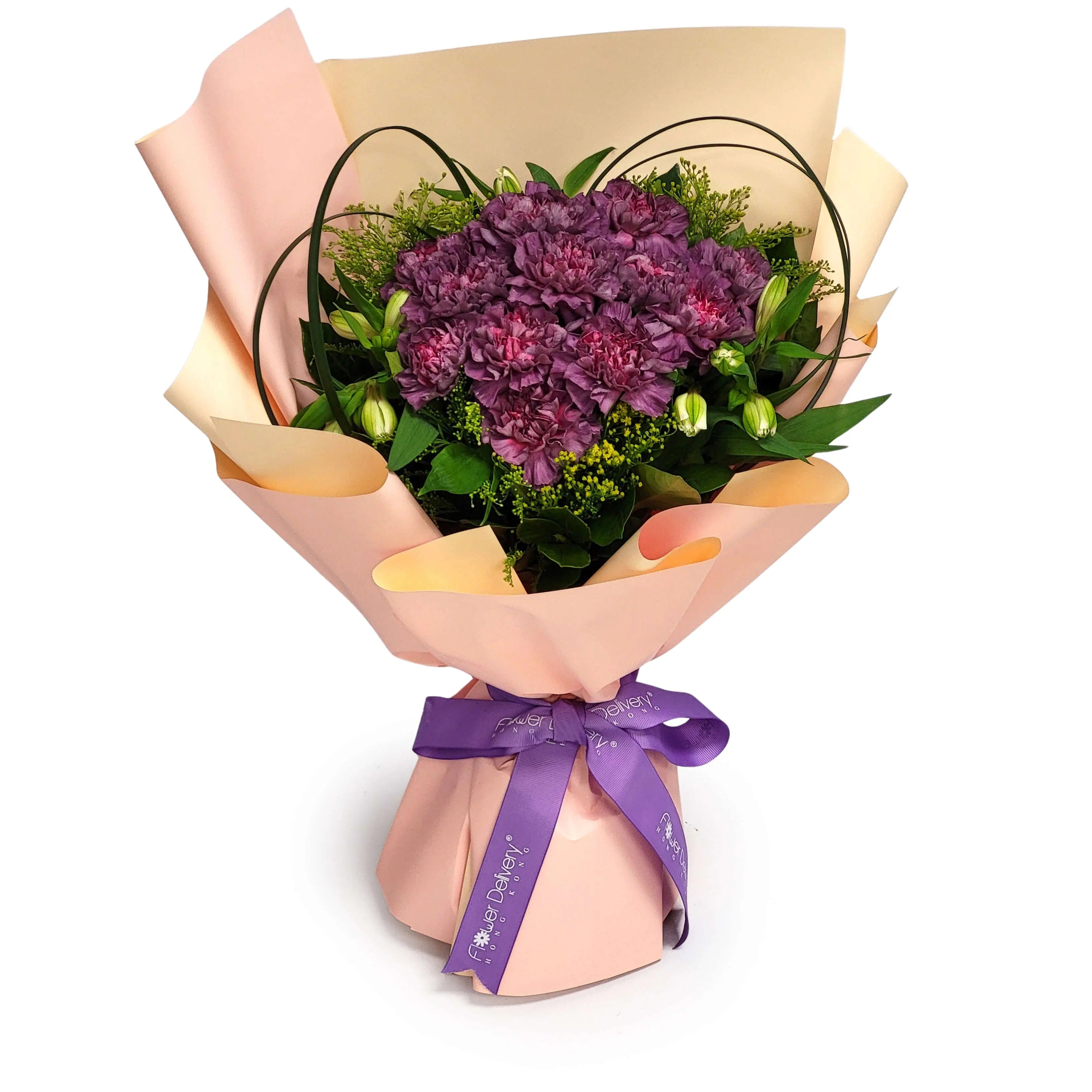 Lavender carnations accented with delicate pink and white filler flowers and glossy foliage, hand-tied with a purple ribbon | 薰衣草紫康乃馨花束,配搭粉白小花及油亮綠葉,以紫色絲帶手綁成束。