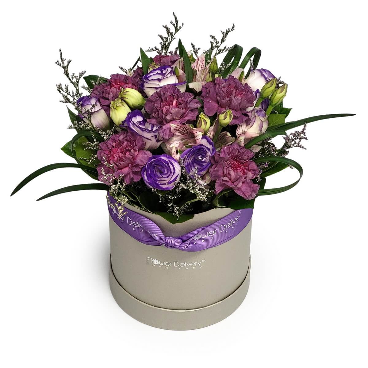 Round floral box arrangement featuring purple carnations, purple-edged lisianthus, alstroemeria and green foliage - 紫色康乃馨配紫邊洋桔梗、六出花及綠葉盒裝花藝設計