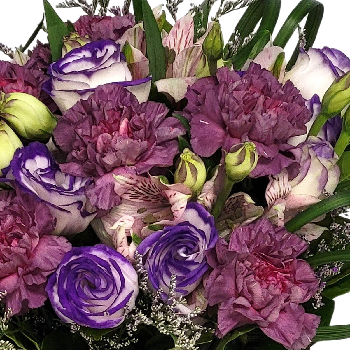 Close-up photo of purple carnations with purple-edged lisianthus and alstroemeria flowers with green foliage - 紫色康乃馨配紫邊洋桔梗及六出花與綠葉特寫