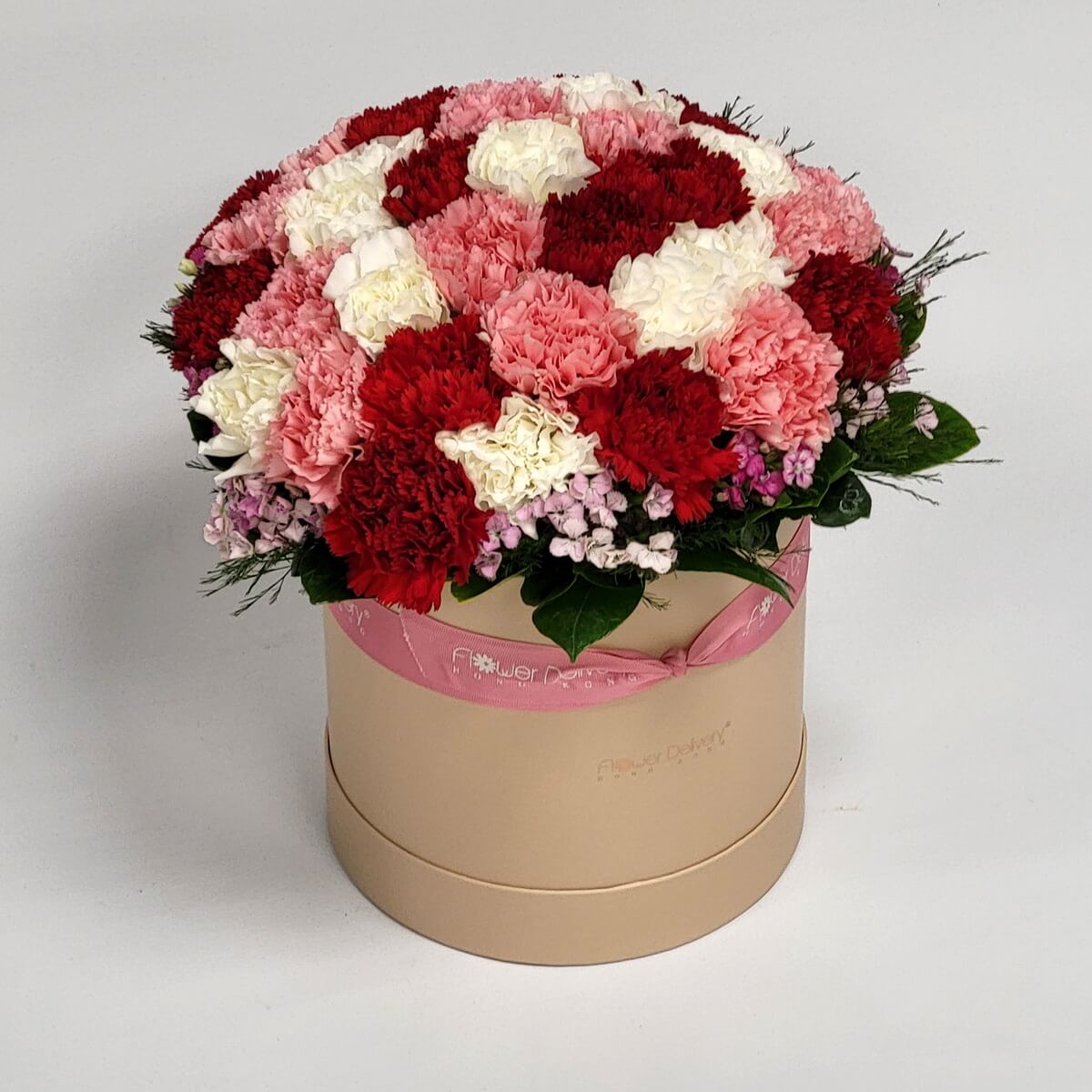 Round box arrangement of red, pink, and white carnations with greenery and filler blooms 紅色、粉紅與白色康乃馨混合設計花盒,搭配綠葉與配花,米色圓形花盒綁上粉紅絲帶。