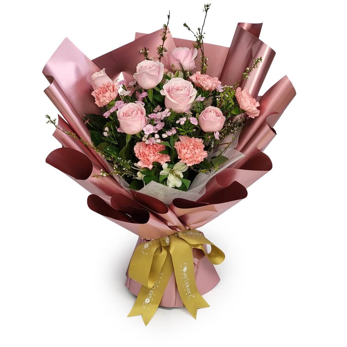 Blush pink rose and pink carnation bouquet with soft pink wax flowers, white alstroemeria, and seasonal greenery, wrapped in layered satin dusty rose paper tied with a gold ribbon - 淡粉紅玫瑰及粉紅康乃馨花束,配淡粉蠟梅、白色小百合及時令綠葉,玫瑰金色層疊緞面紙包裝配金色緞帶
