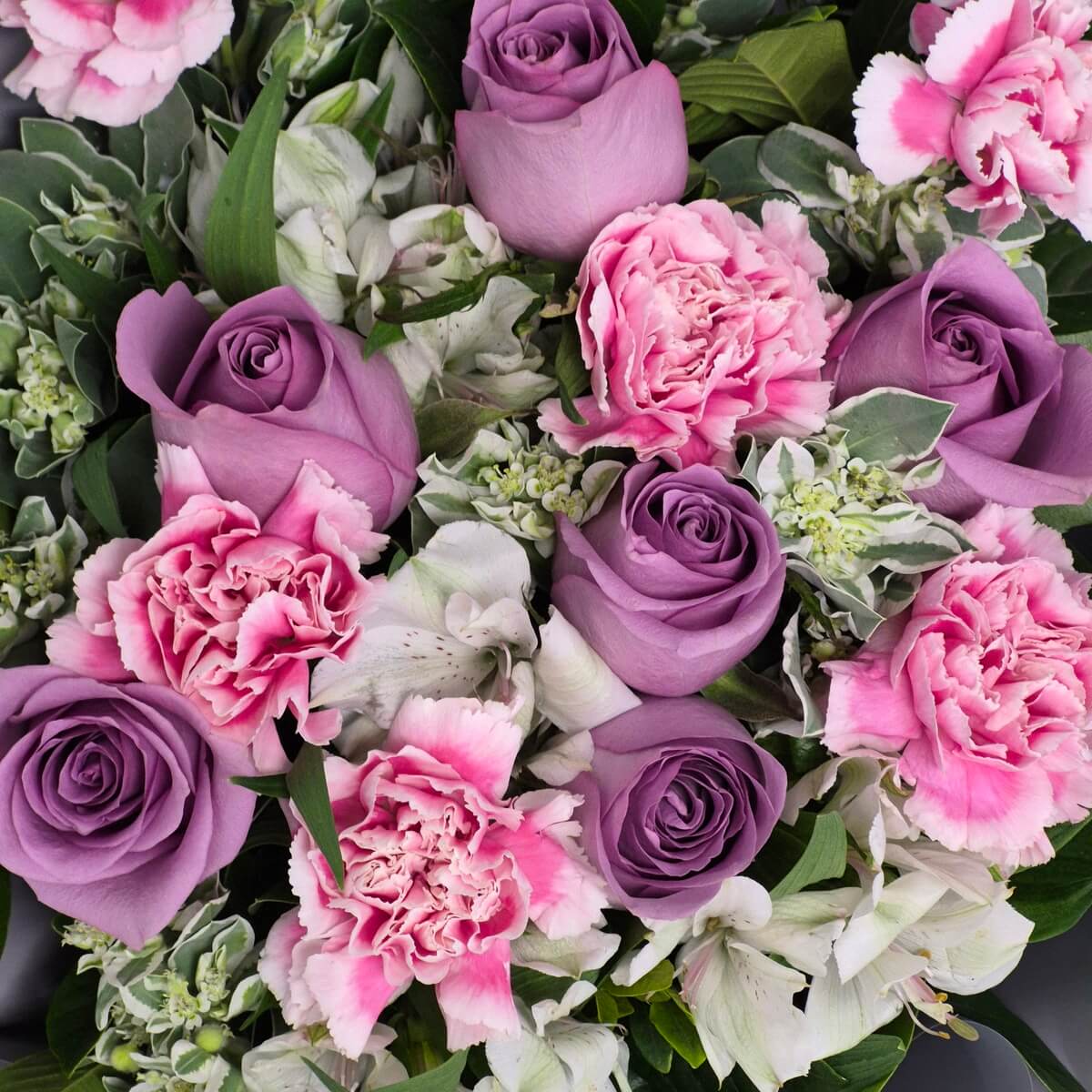Close-up view of Amethyst Blush bouquet featuring purple roses, pink carnations, white alstroemeria and seasonal greenery in hand-tied arrangement - 紫玫瑰、粉紅康乃馨、白色六出花及時令綠葉的近距離花束展示