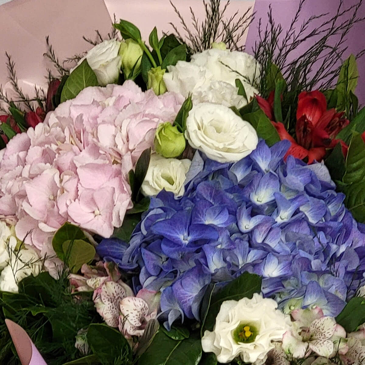 Close-up detail of blue hydrangea and pale pink hydrangea with white lisianthus and red-pink alstroemeria surrounded by green foliage.