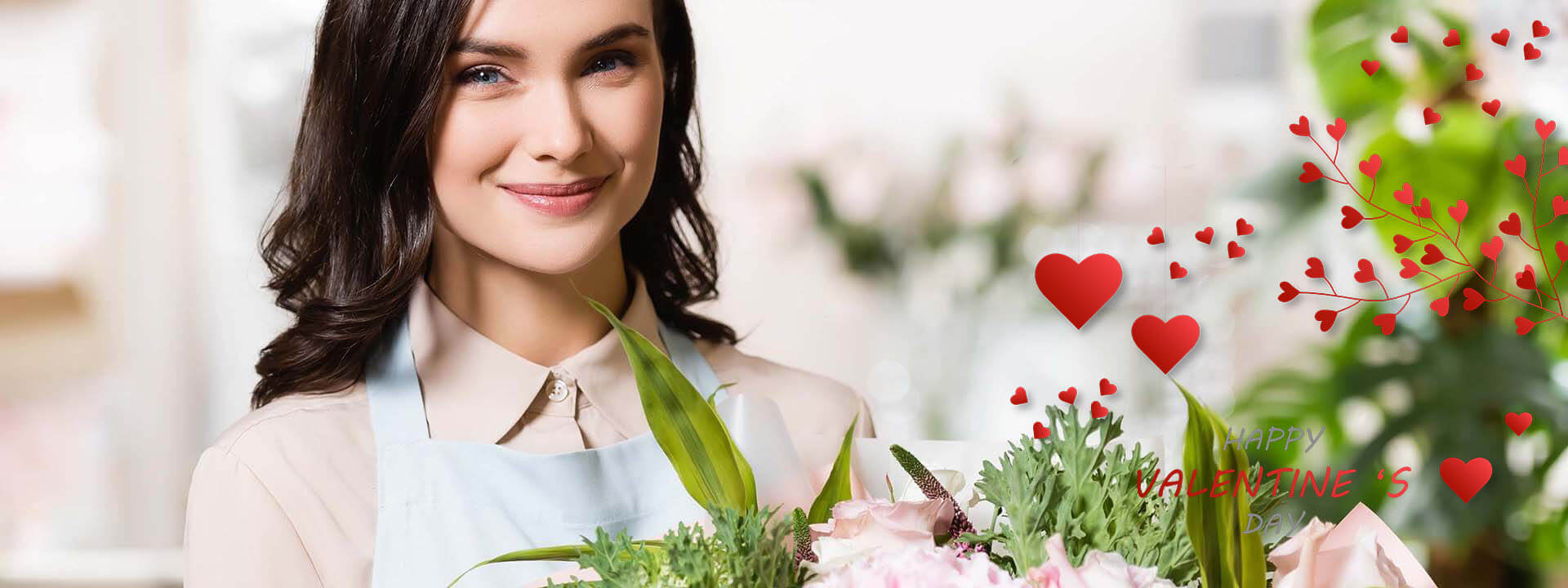 Woman holding a bouquet of flowers with decorative hearts and 'Valentine's' text.