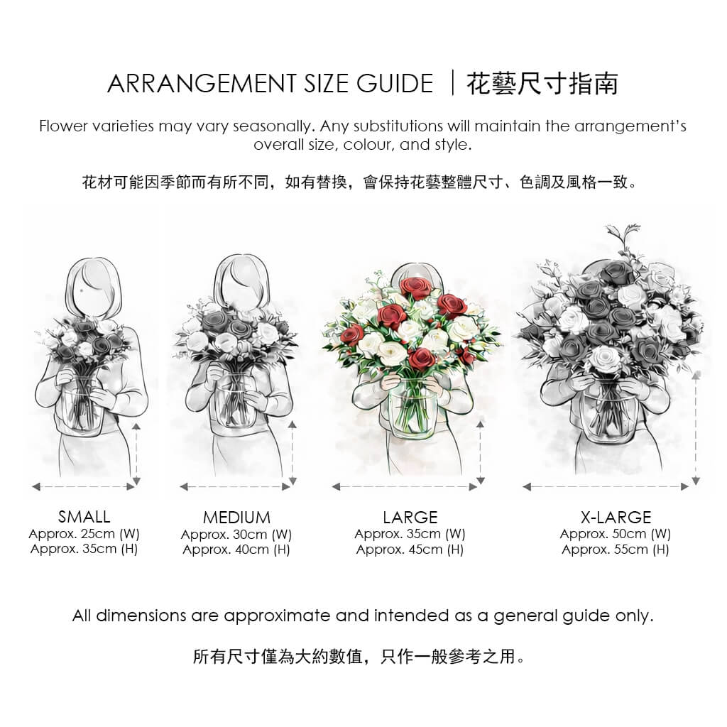 Large. Visual size guide for floral arrangements comparing bouquet widths and heights in vases across small to x-large formats 花藝尺寸圖解,展示人物手持小至特大的花束及花瓶,標示寬度與高度比例供參考