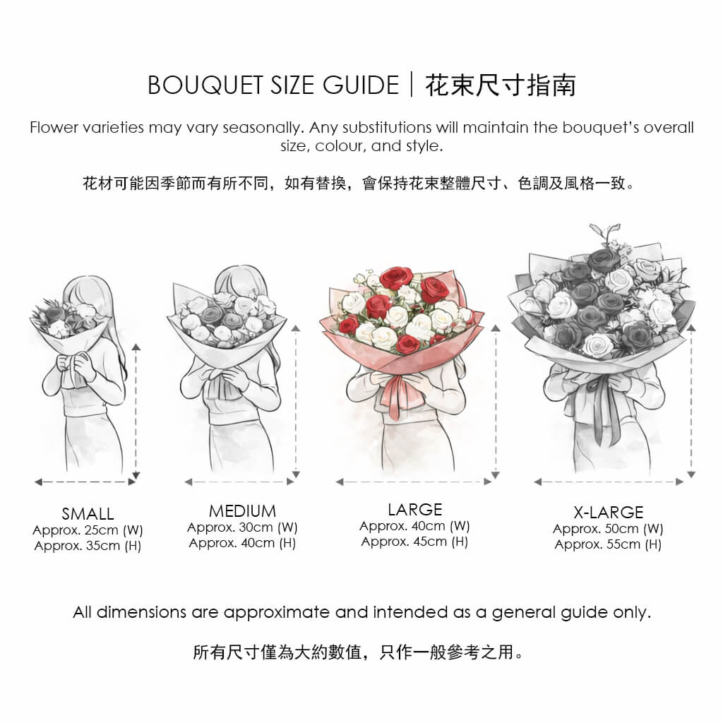 Large. Size guide for bouquets featuring small to x-large floral wraps, each held by illustrated figures to show proportion 花束尺寸對照圖,人物示範手持四款由小至特大的包裝花束,標示尺寸供客人參考