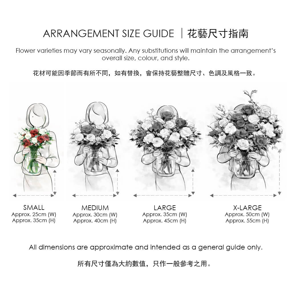 Small. Visual size guide for floral arrangements comparing bouquet widths and heights in vases across small to x-large formats 花藝尺寸圖解,展示人物手持小至特大的花束及花瓶,標示寬度與高度比例供參考