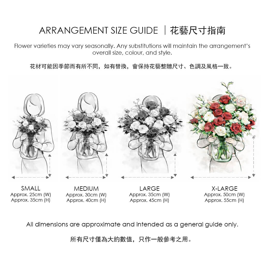XLarge. Visual size guide for floral arrangements comparing bouquet widths and heights in vases across small to x-large formats 花藝尺寸圖解,展示人物手持小至特大的花束及花瓶,標示寬度與高度比例供參考