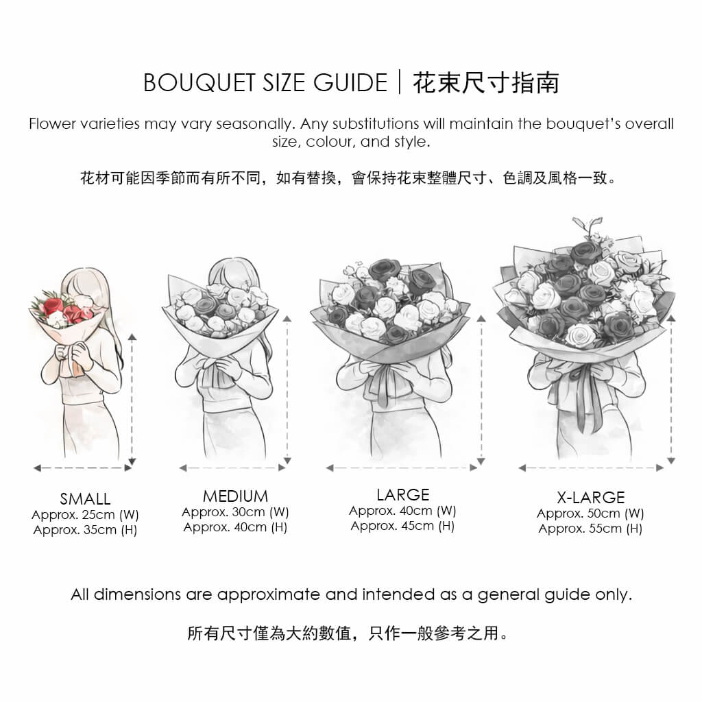 Small. Size guide for bouquets featuring small to x-large floral wraps, each held by illustrated figures to show proportion 花束尺寸對照圖,人物示範手持四款由小至特大的包裝花束,標示尺寸供客人參考