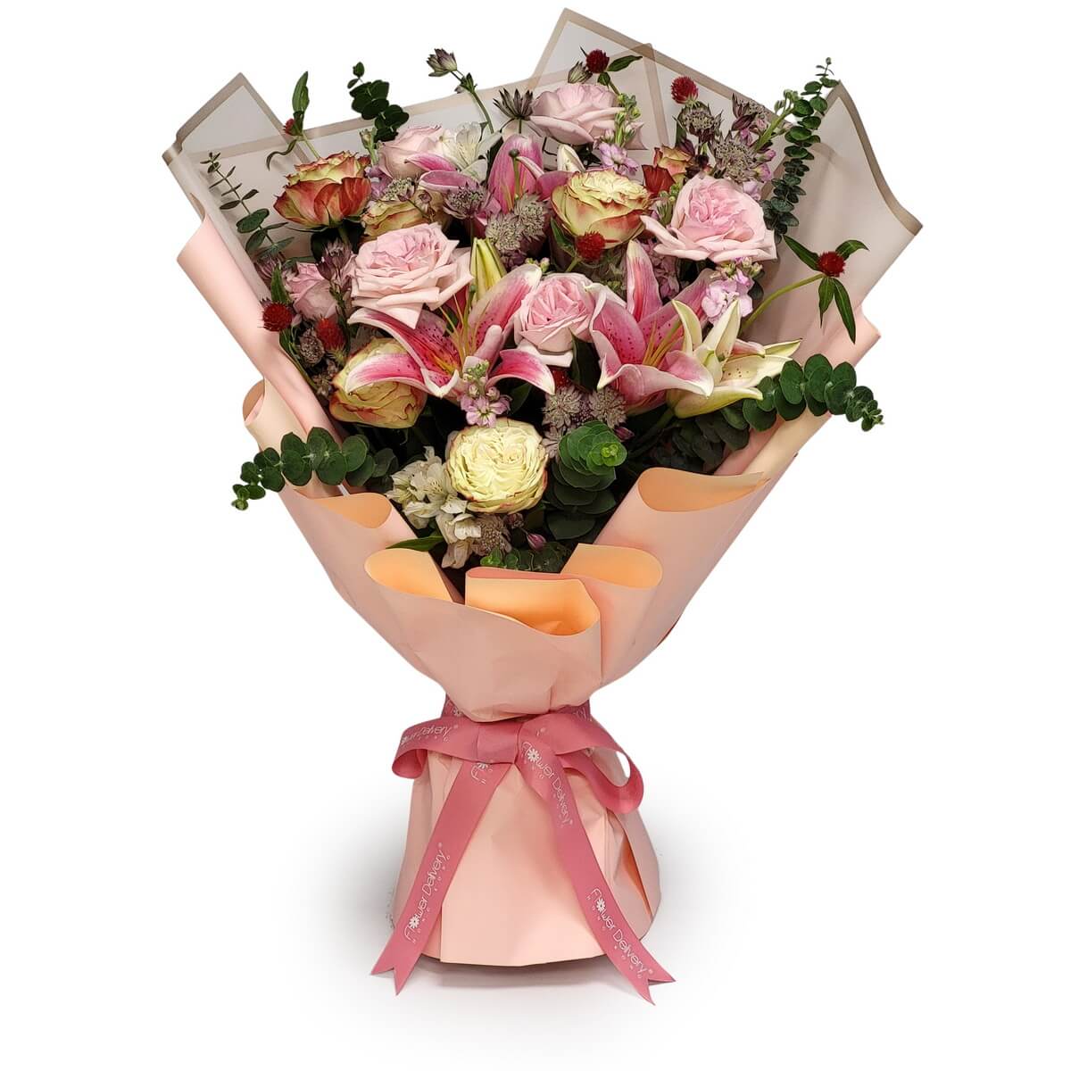 🌷 Elegant mix of lilies, roses, and seasonal florals in warm peach wrapping for a graceful, charming presentation.
🌷 優雅百合、玫瑰與時令花材的精緻組合，搭配溫暖桃色包裝，展現高雅魅力。