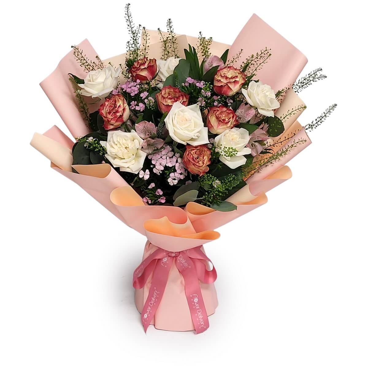 💐 White and two-tone roses with soft pink fillers, wrapped in peach for a fresh and charming look.
💐 白玫瑰與雙色玫瑰配粉色小花，桃色包裝展現清新迷人風采。
