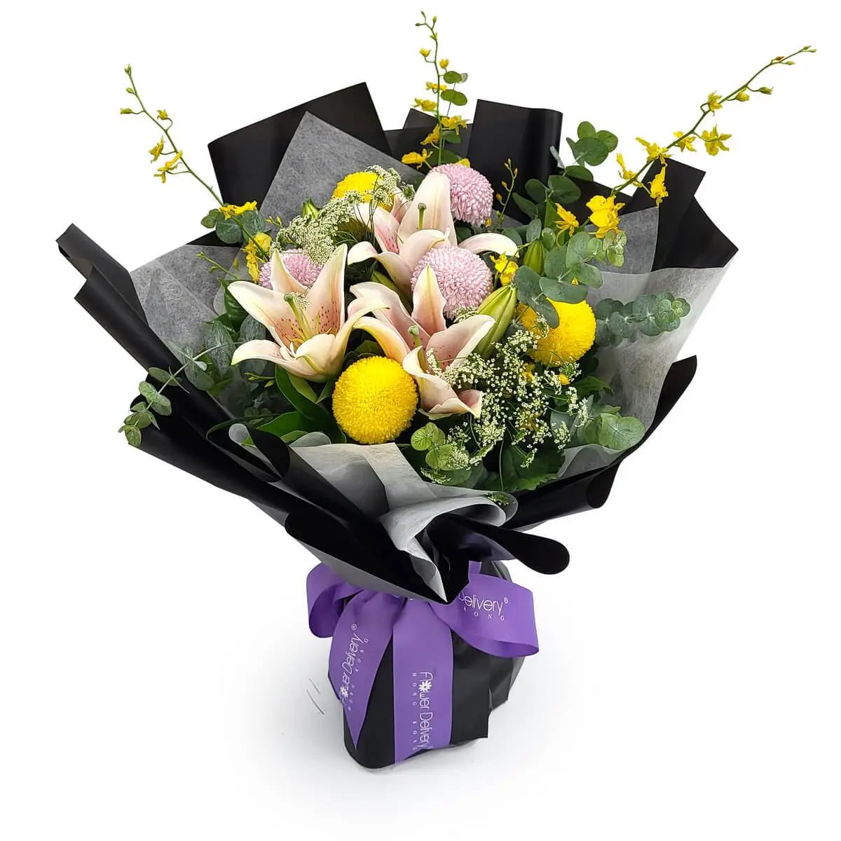 Arrangement of pink lilies, yellow craspedia, pink pompom chrysanthemums, and yellow oncidium orchids in black wrapping | 黑色包裝內為粉紅百合、黃毛球花、粉紅波波菊及舞女蘭花束，綴以紫色絲帶