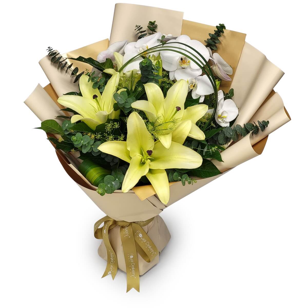 Hand-tied bouquet of yellow lilies and white phalaenopsis orchids with eucalyptus foliage in cream-gold wrapping. 黃百合與白蝴蝶蘭，搭配尤加利葉及米金包裝的手綁花束。