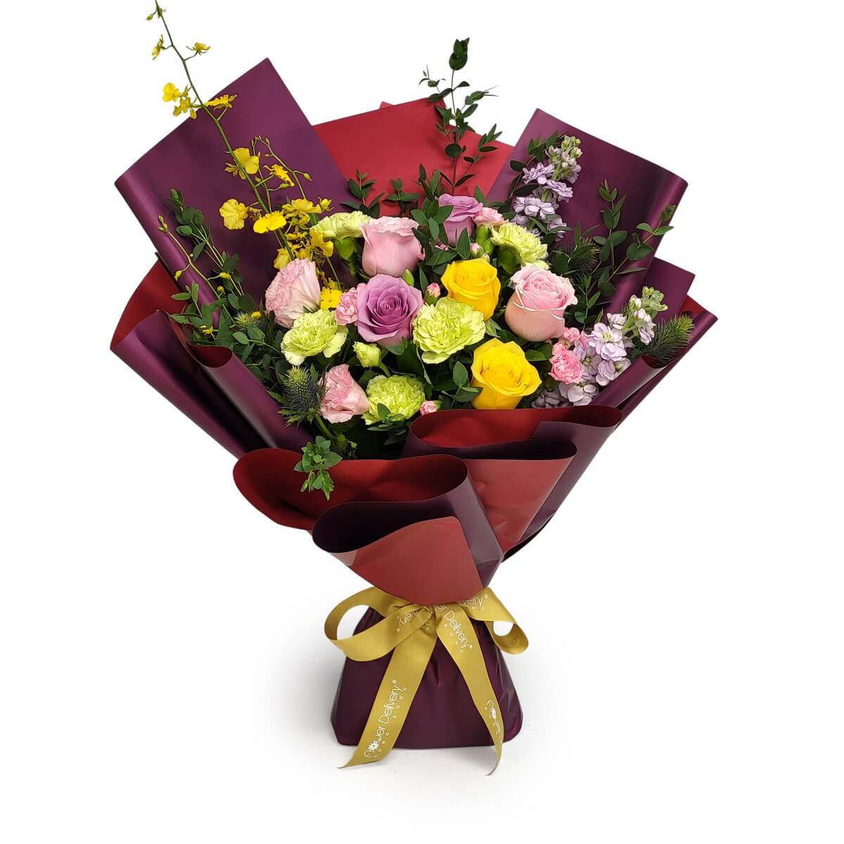 Bouquet with yellow, pink, purple roses, green carnations, lisianthus - burgundy wrap, golden ribbon 花束含黃玫瑰、粉玫瑰、紫玫瑰、綠康乃馨、洋桔梗 - 酒紅包裝金絲帶