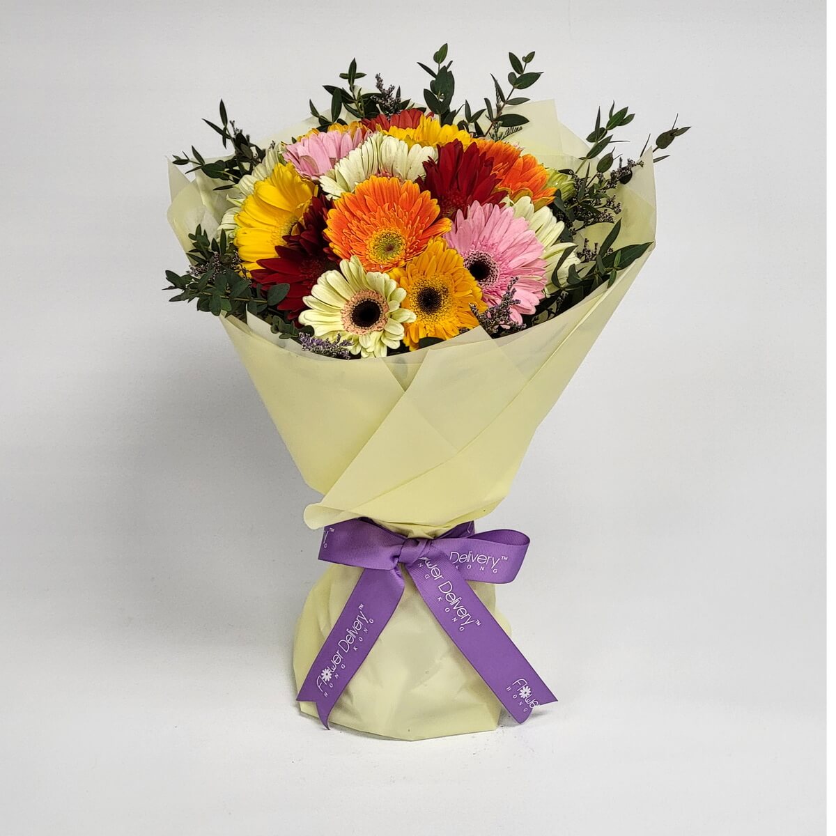 Arrangement of multicolored gerbera daisies in red, orange, yellow, pink, and white with greenery, wrapped in pale yellow paper and tied with a purple ribbon. 多色太陽菊花束配綠葉，紅、橙、粉、黃、白色，淡黃色包裝，綁上紫色絲帶。
