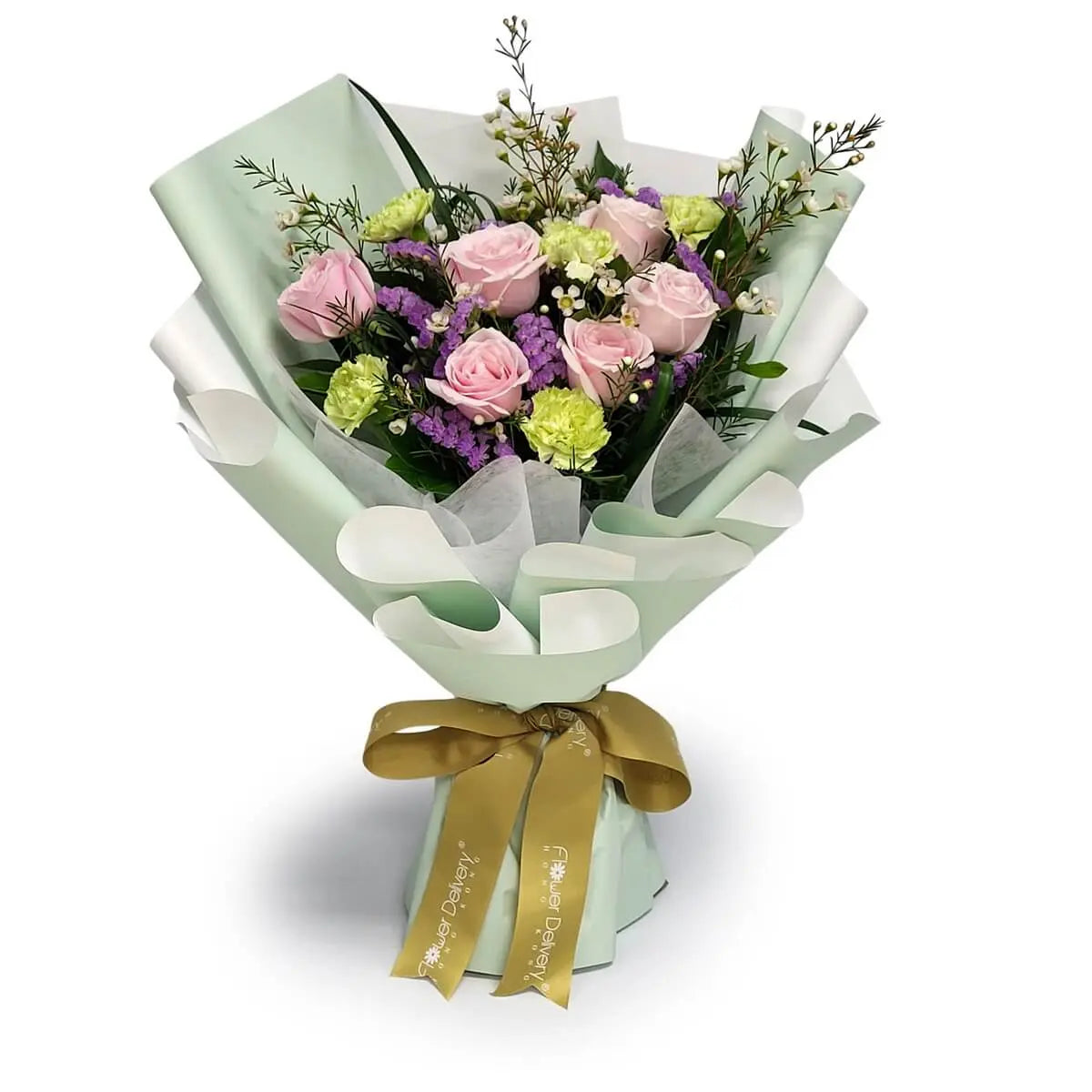 Soft pink roses with green carnations and purple fillers in a pastel bouquet | 粉玫瑰、綠色康乃馨與紫色配花相襯，薄荷綠與白色包裝，展現優雅與溫柔，適合生日、感謝或慰問送禮。