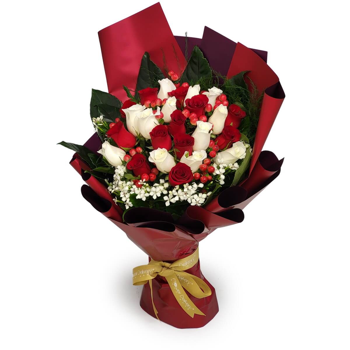 Elegant bouquet of red and white roses, accented with hypericum berries, fillers, and greenery, wrapped in red paper and ribbon - 優雅紅白玫瑰花束，點綴果實與綠葉，紅色包裝配金色絲帶。