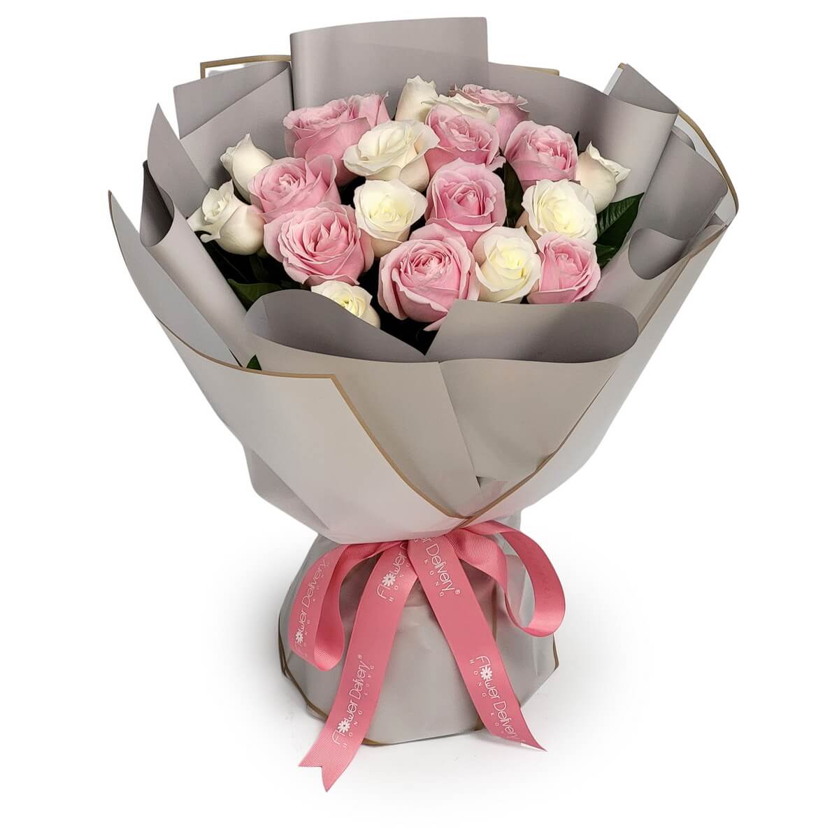 Full bouquet of pastel pink and creamy white roses, wrapped in elegant grey paper and tied with a pink ribbon. 整束淡粉與奶白玫瑰，襯以典雅灰色包裝紙及粉紅絲帶裝飾。