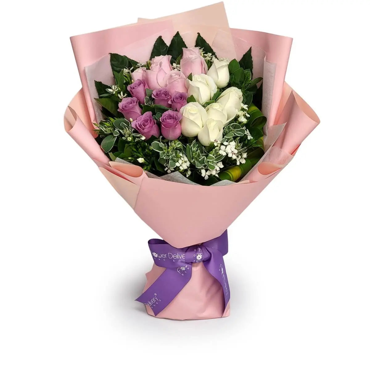 Pastel rose bouquet in white, pink & lavender | 白、粉、紫玫瑰組成的粉嫩花束，配以綠葉與粉紅包裝紙，清新動人，適合情人節、生日或母親節的浪漫禮物。