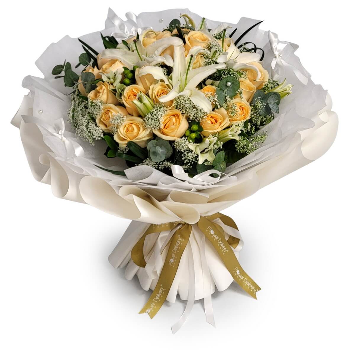 Elegant bouquet of champagne roses and white lilies, accented with green berries, fillers, and foliage, wrapped in white paper with golden ribbon - 優雅香檳玫瑰與白百合花束，配綠果與葉材，白色包裝配金絲帶。