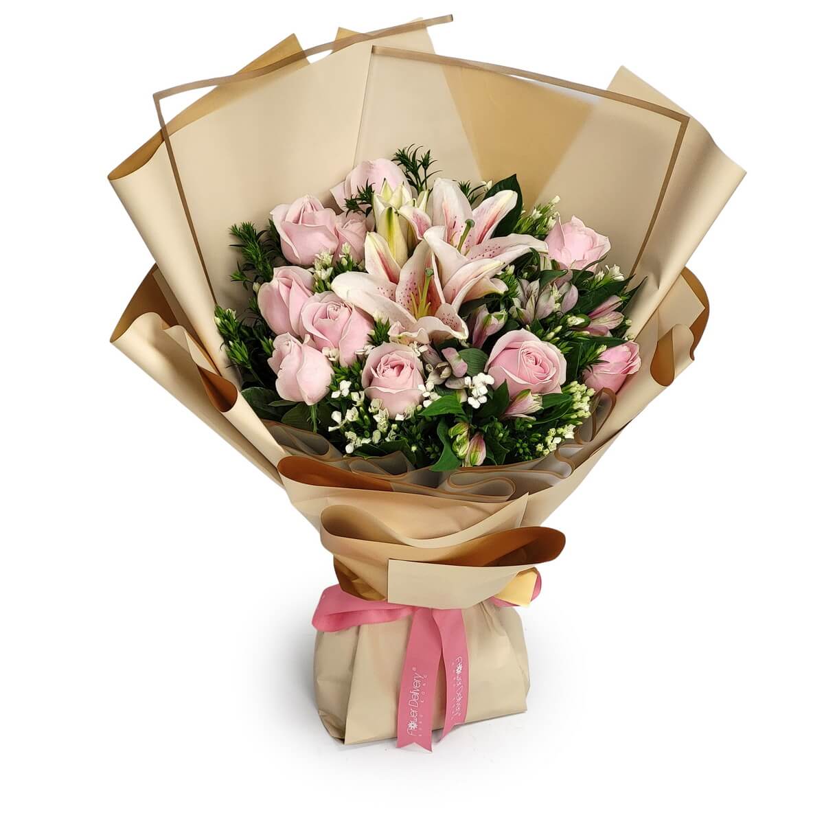 Full bouquet of pink roses, pink lilies, alstroemeria, white fillers, and greenery wrapped in beige paper with pink ribbon 粉紅玫瑰、粉百合、小百合及白色小花綠葉米色包裝配粉絲帶原圖花束