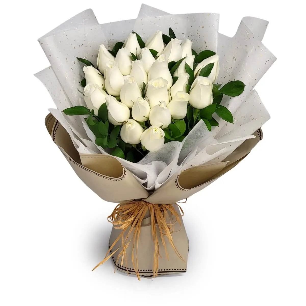 Chic white rose bouquet with lush greenery, wrapped in beige and white paper, tied with rustic raffia | 高雅白玫瑰花束，搭配鮮綠葉材與米白色包裝，麻繩束口，呈現純潔自然風格。