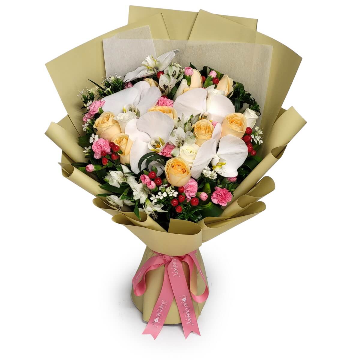 Full bouquet of champagne roses, white orchids, pink spray carnations, alstroemeria, red berries, and greenery wrapped in beige paper with pink ribbon 香檳玫瑰、白蝴蝶蘭、粉康乃馨、小百合及紅果實綠葉米色包裝配粉絲帶原圖花束